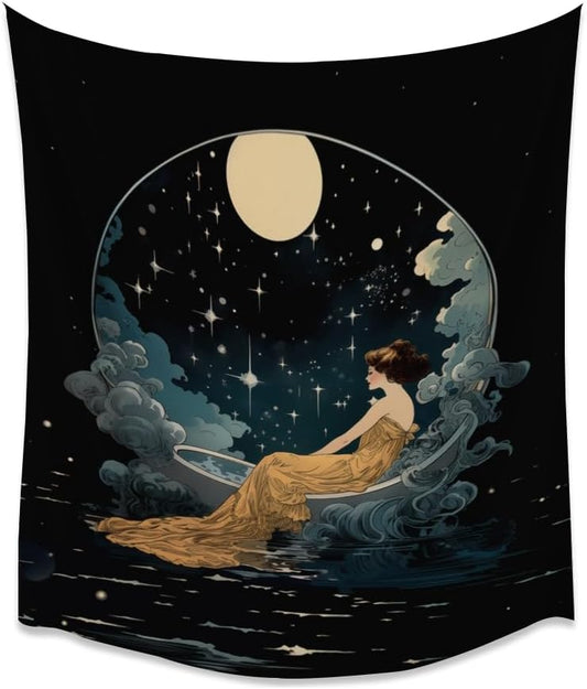 Dark Academia Tapestry Celestial Moonlit Bathing Lady Print Trendy Aesthetic Gothic Wall Hanging Vintage Art Nouveau Tapestries Wall Decor for Bedroom Living Room Dorm 50x60inch