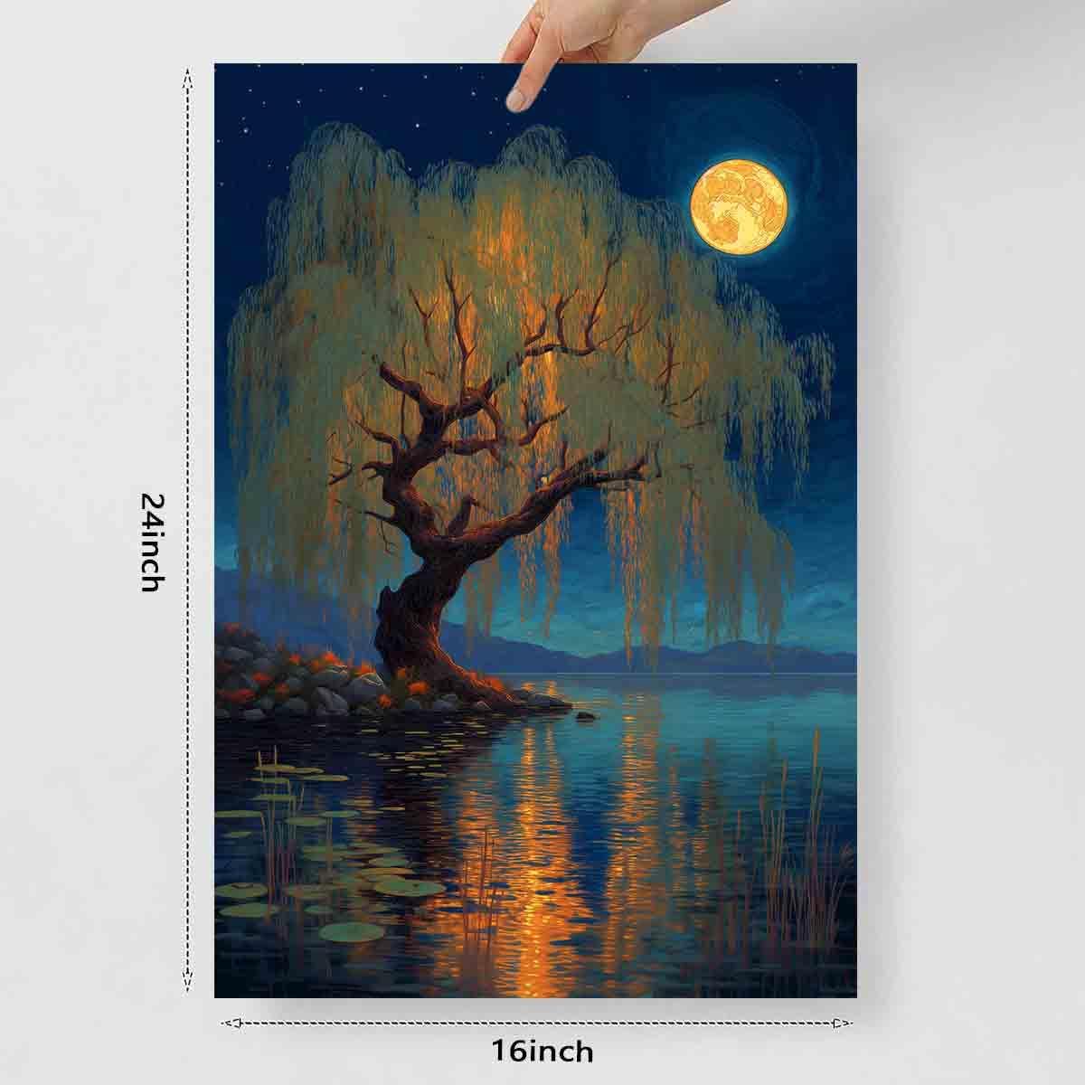 Vlolvfe Night Scenery Wall Art Country Nature Full Moon Poster Abstract Scenery Wall Art Nature Themed Tree Pictures Night Sky Picture Landscape Pictures Living Room Decor 16x24inch No Frame