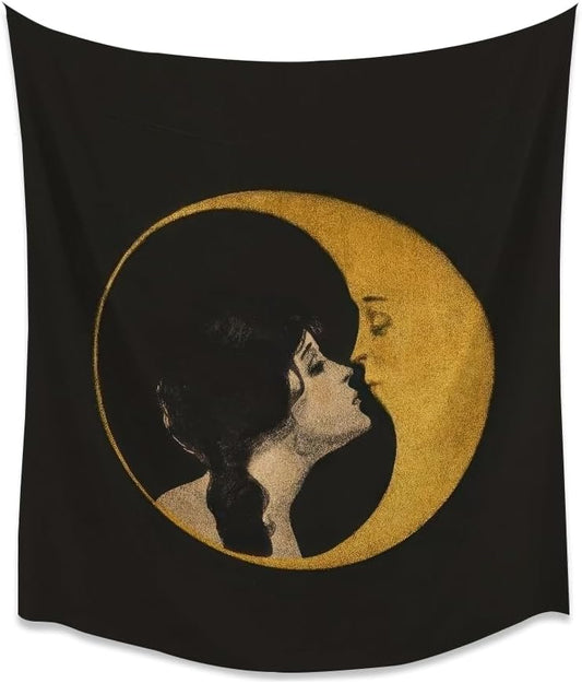 Dark Academia Woman Kissing Moon Art Tapestry Gothic Aesthetic Wall Hanging Witchy Picture Print Moon Goddess Tapestries Wall Decor for Living Room Bedroom Dorm 70x90inch