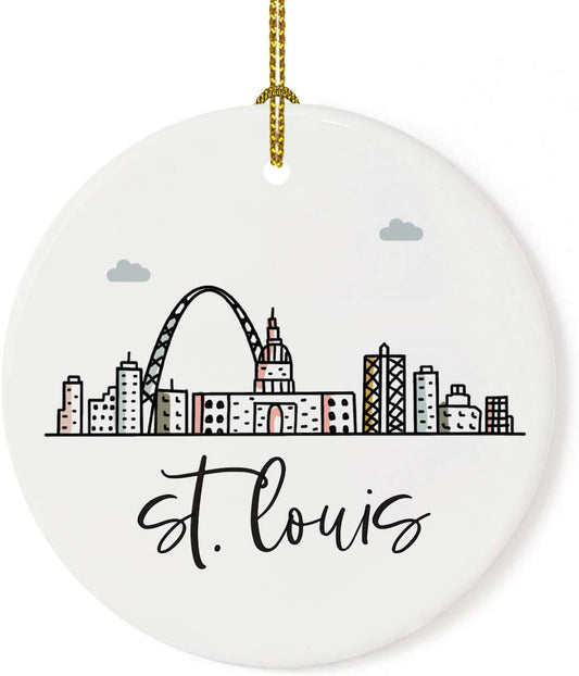 Andaz Press Round Ceramic Porcelain Christmas Tree Ornament Keepsake Gift, St. Louis, Colorful City Skyline Graphic, 1-Pack, Birthday Family Coworker Includes Gift Box St. Louis Ornament 2024