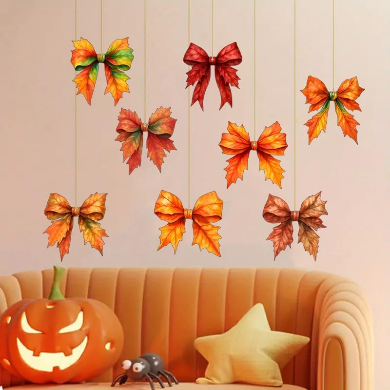 8 Pcs Fall Tree Ornaments Decoration Autumn Leaf Hanging Ornaments 2D Flat Acrylic Pendants Bow Shape Maple Leaf Designs Hanging Ornaments for Home Autumn Festival DIY Craft Supplies Decor