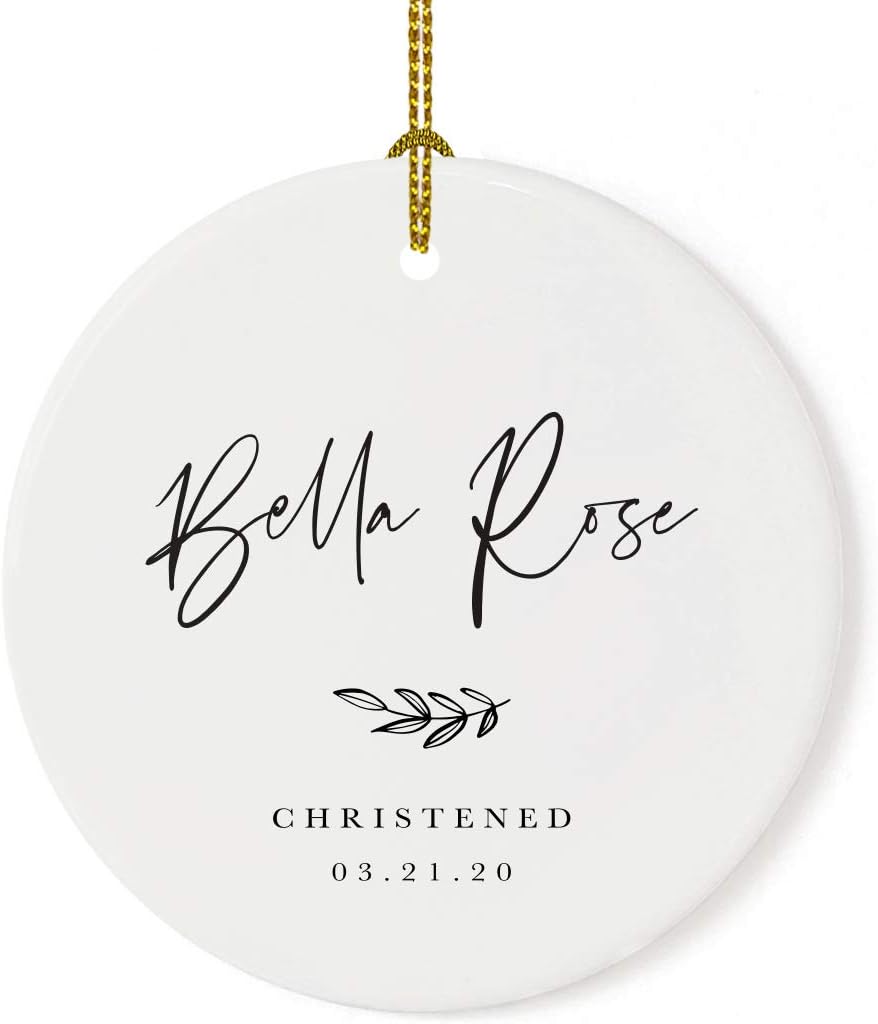 Andaz Press Personalized Round Ceramic Porcelain Christmas Tree Ornament Engagement Collectible Gift for Baby, Ava Marie Carter Christened 03.21.20, Antique Handdrawn, 1-Pack