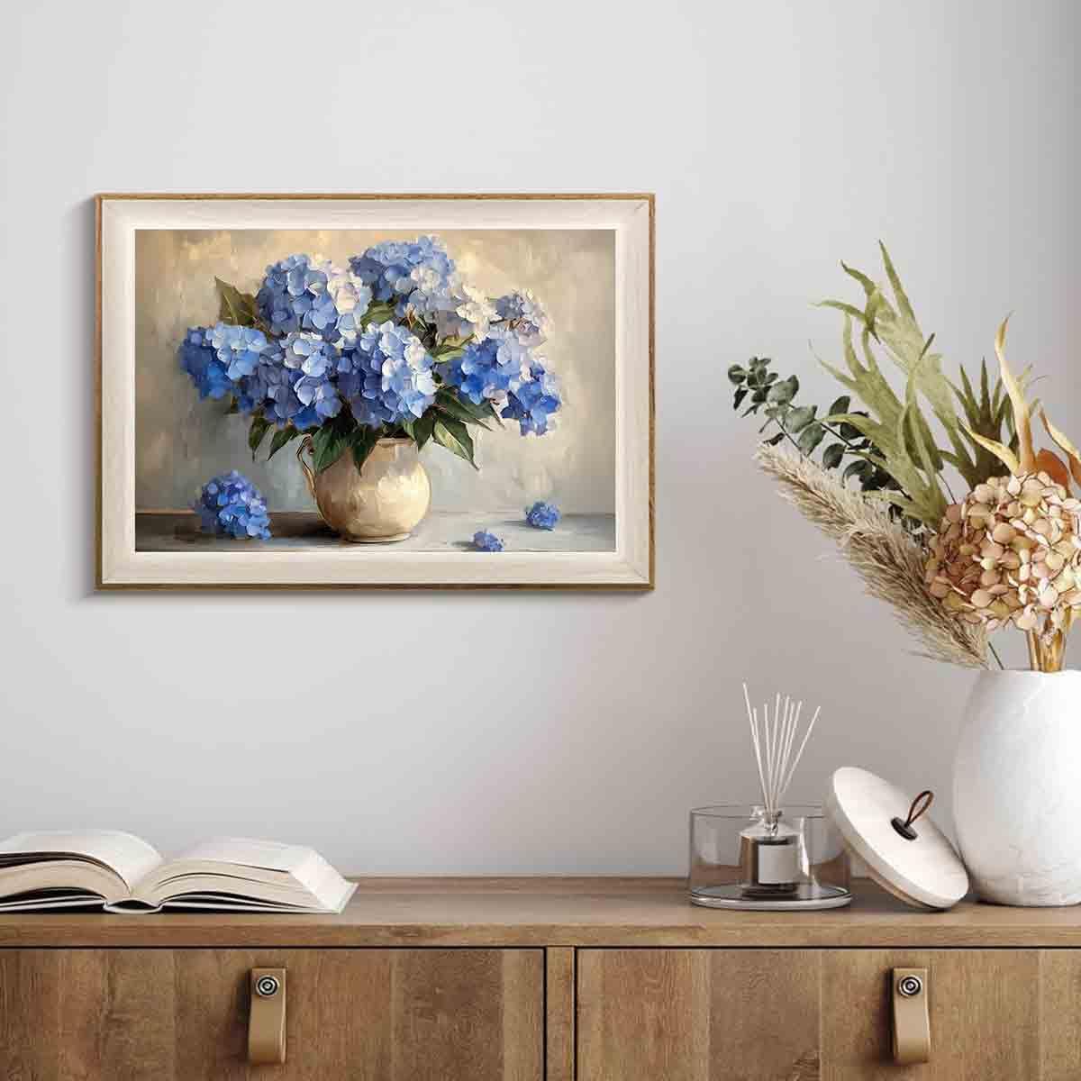 White And Blue Hydrangea Wall Art Hydrangea Flower Pictures Abstract Floral Paintings Elegant Floral Picture Rustic Farmhouse Wall Art Vintage Flowers Painting Living Room Decor 16x24inch No Frame