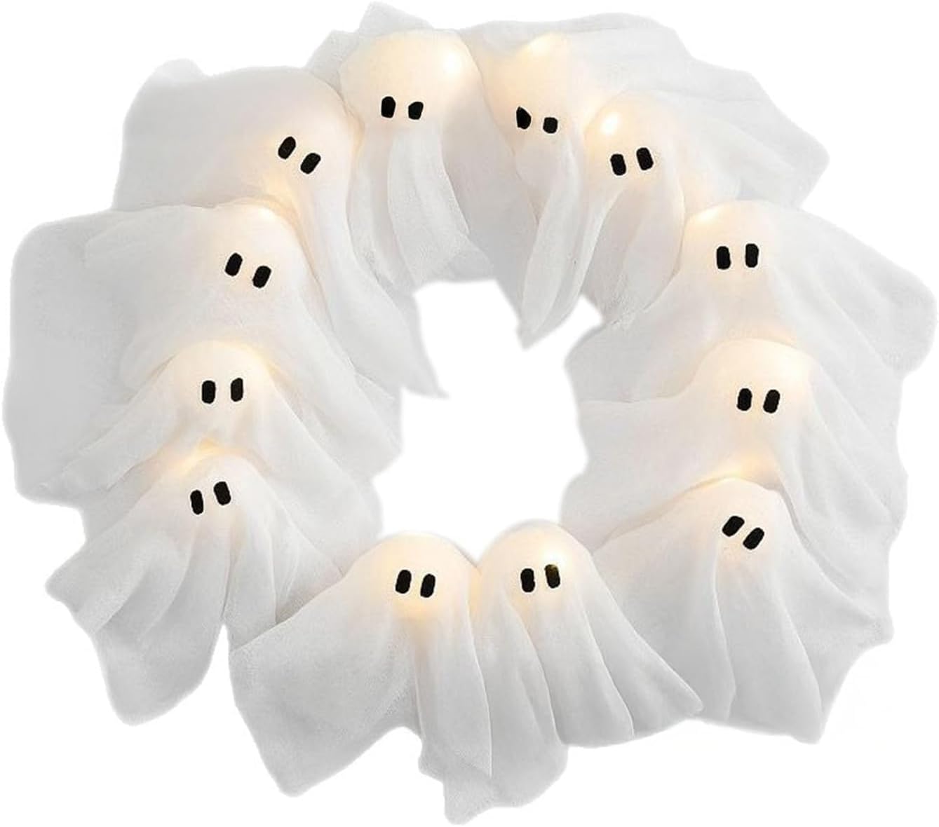 Halloween Ghost Wreath, 12 LED Light-Up White Ghost Garland, Spooky Indoor & Outdoor Hanging Decoration for Front Door, Wall, Party, Battery-Powered Halloween Decor, Holiday Spooky Garland A