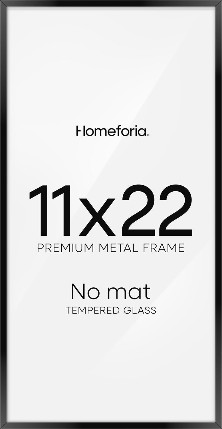 Homeforia 11x22 Black Newspaper Frame, High End Metal 11 x 22 Picture Frame without Mat, 22x11 Thin Black Poster Frames for Wall, 11by22 inches Display Photo Frames, Tempered Glass, Wall Kit, Set of 1