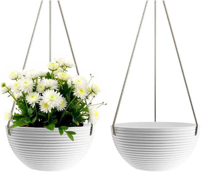Line Pattern 10 Inch Hanging Planter for Indoor Outdoor Plants, 2 Pack Round Hanging Pots for Plants (White)