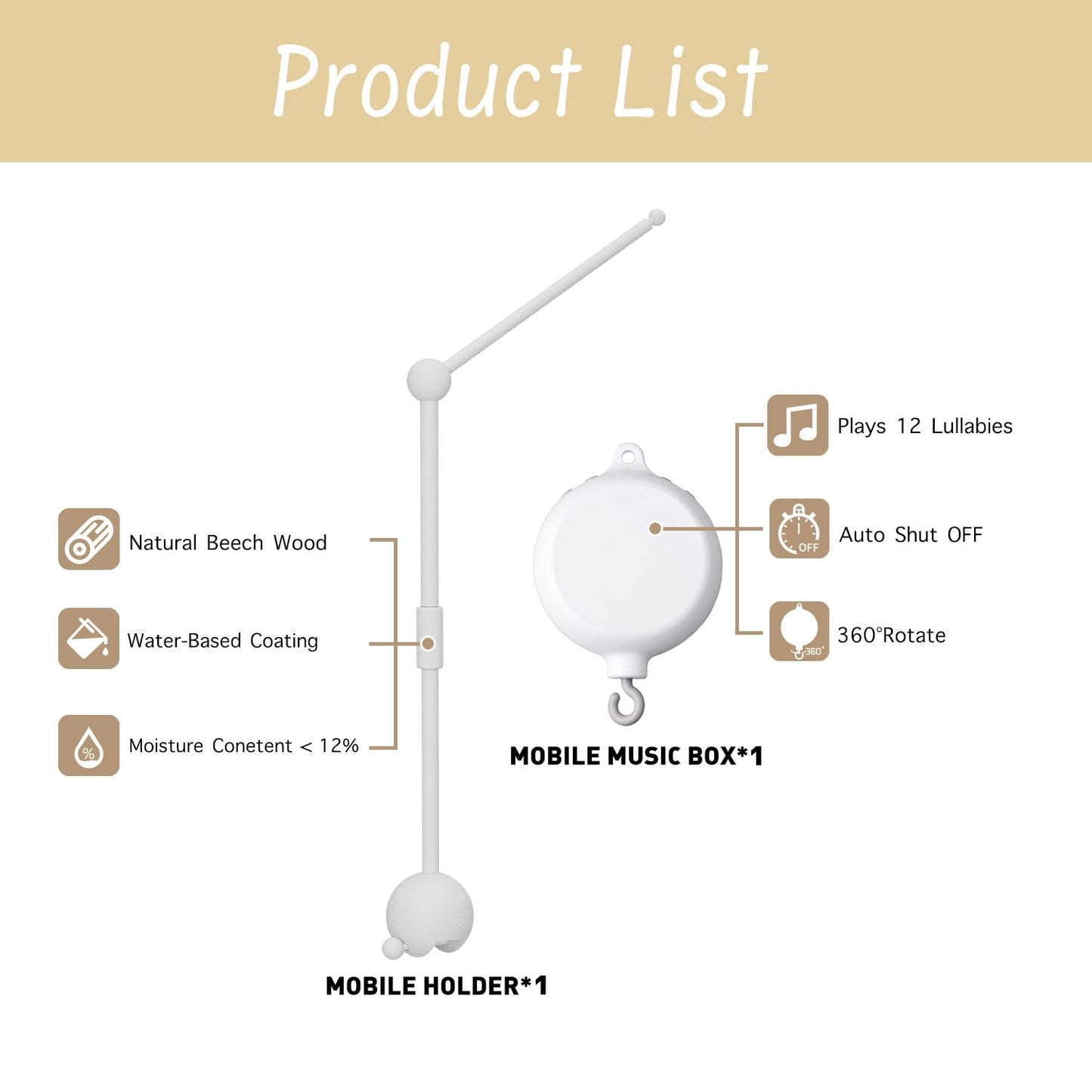 Crib Mobile Arm with Music Box,32.5 Inch White Crib Mobile Stand,Wooden Mobile Arm for Crib (2 Modes,360°Adjustable,100% Beech Wood) Baby Crib Mobile for Boy and Girl
