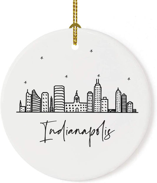 Andaz Press Round Ceramic Porcelain Christmas Tree Ornament Keepsake Gift, Indianapolis, Black and White Stars City Skyline Graphic, 1-Pack, Birthday Ideas Family Coworker Him Her, Includes Gift Box