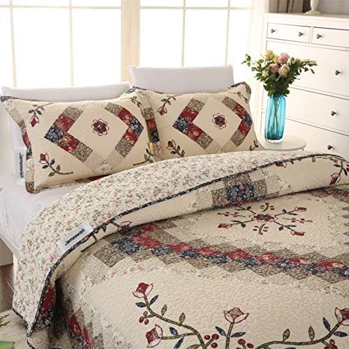 Beige Floral Embroidered Quilt Set King Size 100% Cotton Ethnic Patchwork Bedspread Coverlet Country Rustic Embroidery Reversible Geometric Bedding Cover Set Soft Cotton Comforter Cover,3pcs