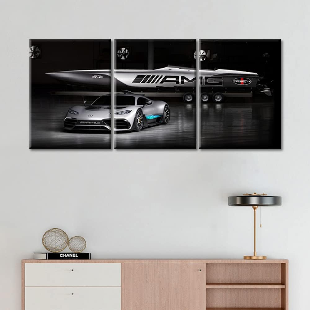 Sports Car Canvas Prints Gray Speedy Racing Car Wall Art Paintings Hypercar 3D Model Design Posters Stretched Pictures for Living Room Modern Home Decor Framed Wall Art Decorations, 36" Wx16 H