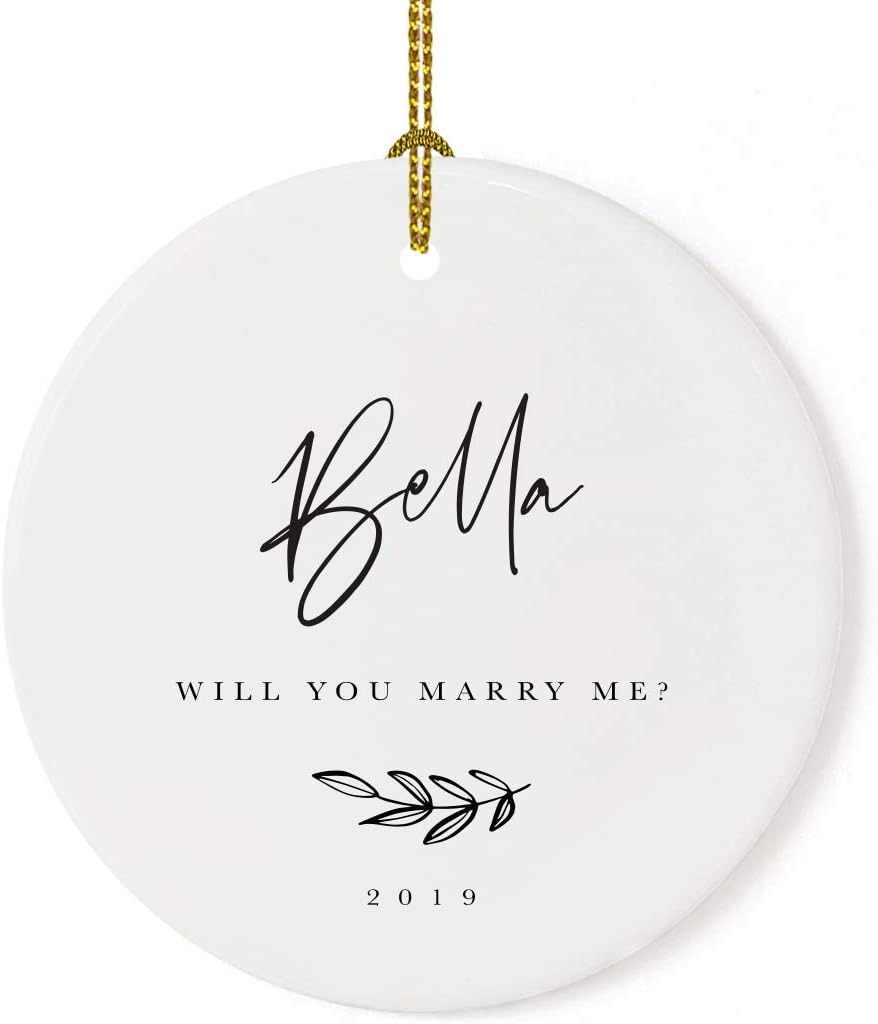 Andaz Press Personalized Engagement Proposal Round Ceramic Porcelain Christmas Tree Ornament Keepsake Gift, Olivia Will You Marry Me?, Antique Handdrawn, 1-Pack Will You Marry Me Christmas Ornament