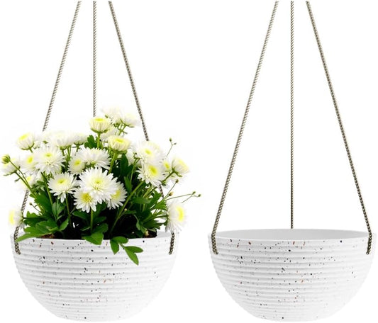Line Pattern 10 Inch Hanging Planter for Indoor Outdoor Plants, 2 Pack Round Hanging Pots for Plants (Speckled White)