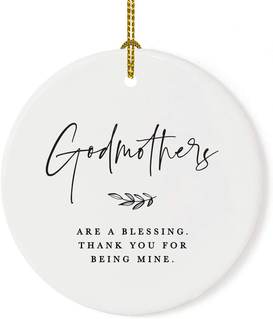 Andaz Press Round Ceramic Porcelain Christmas Tree Ornament Keepsake Collectible Godmother Gift, Godmothers are a Blessing. Thank You for Being Mine. Antique Handdrawn, 1-Pack