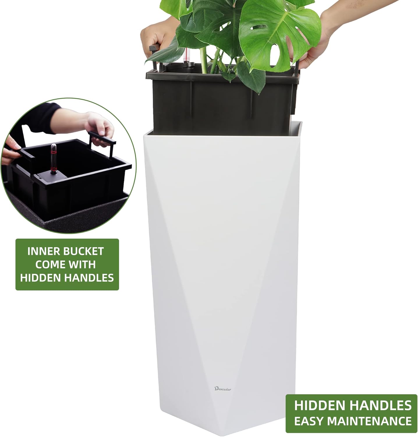 Dexceder 24 Inches Tall Self Watering Planter Diamond High Gloss Indoor Outdoor, Thickened Rhombus Large Floor Standing Flower Plant Pot with Water Level Indicator (White)