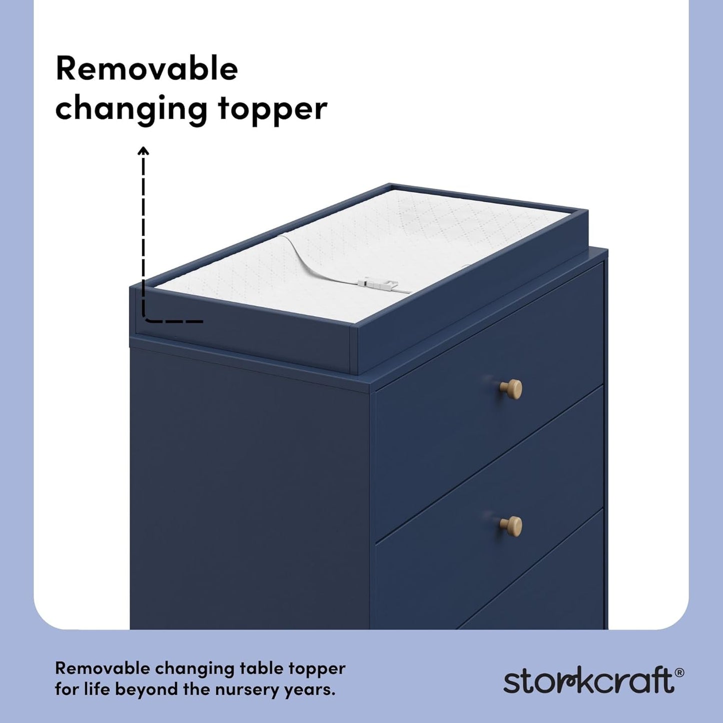 Storkcraft California 3-Drawer Chest with Removable Changing Topper (Midnight Blue with Driftwood) – GREENGUARD Gold Certified, Interlocking Drawer System, Pre-Installed Tracks, Easy Assembly