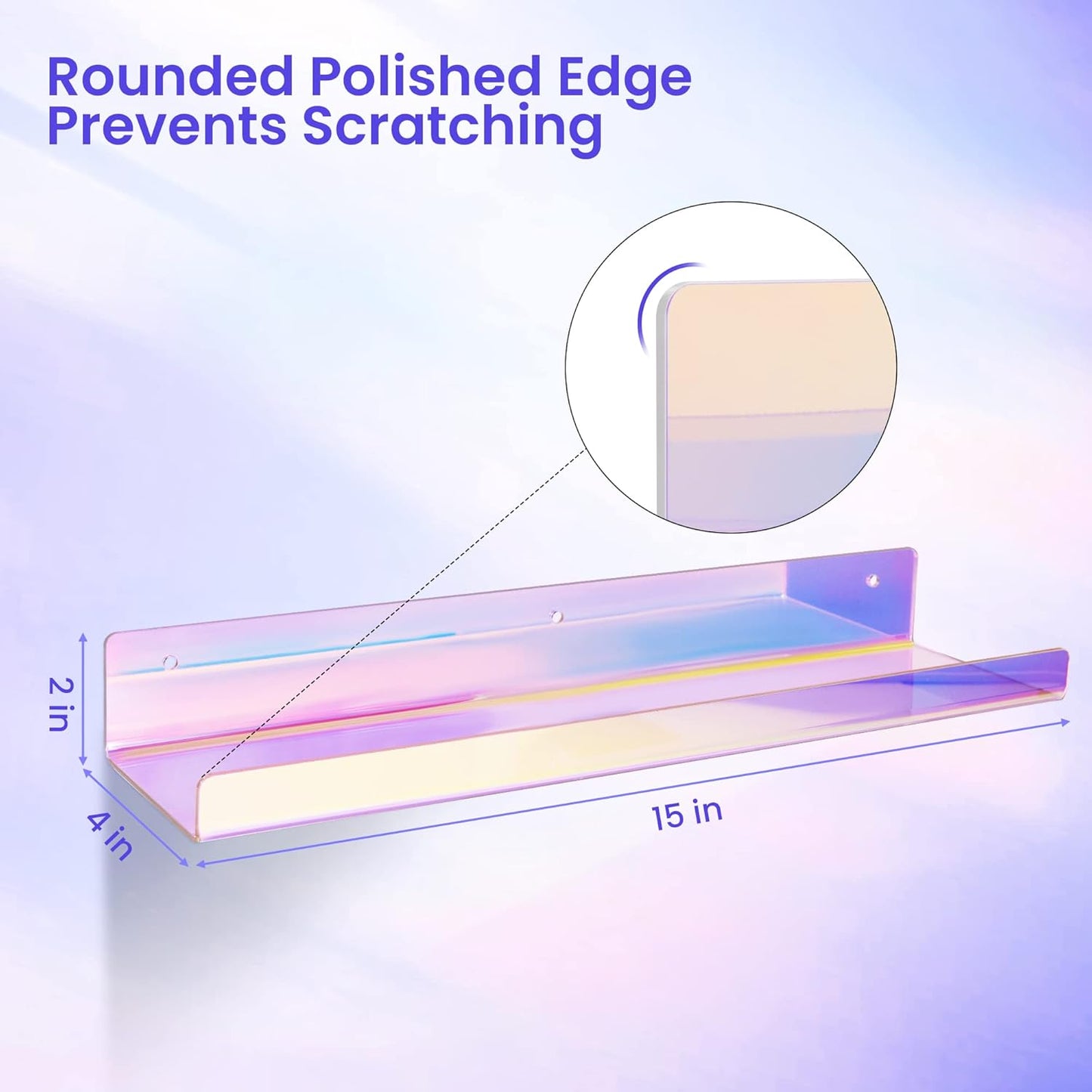 upsimples Acrylic Shelves for Wall Decor, 15" Display Shelf for Perfume, Skincare, Nail Polish, Wall Organizer for Bathroom, Bedroom, Living Room, Playroom, Kids Bookshelf, Iridescent, 4 Pack