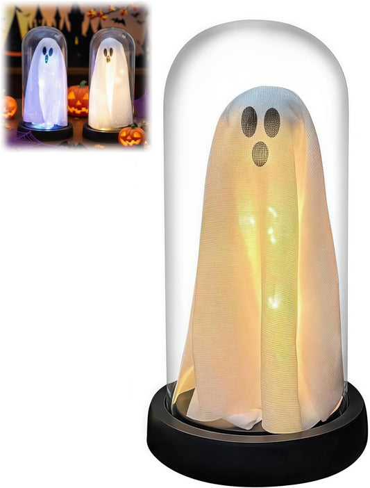 Light Up Ghost in Glass Cloche,Halloween Decorations Indoor,Cute LED Ghost Decor for Mantel,Tabletop,Cute Decorative Ornaments Suitable for Halloween Parties and Festivals(Warm Light,Glass Cover)