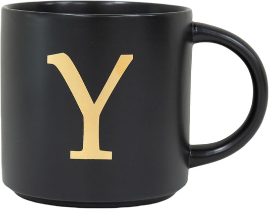 COLLECTIVE HOME - Monogram Ceramic Mugs, 15 oz Golden Initial Black Coffee Cups, Elegant Alphabet Tea Mugs, Elegant Personalized Mug with Gift Box, Unique Mug with Double Side Capital Lette (Y)
