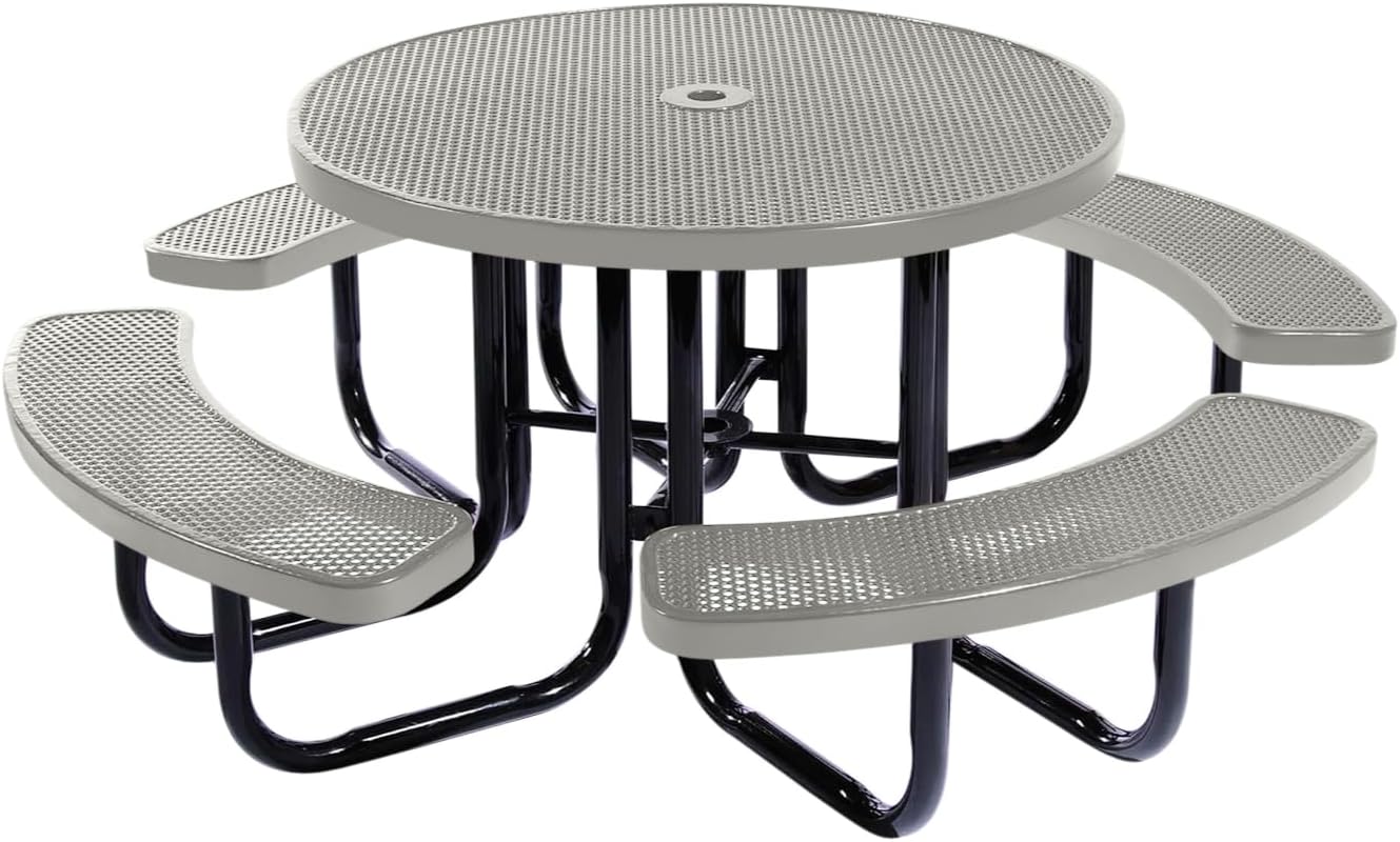 Heavy-Duty Portable Outdoor Picnic Table with Umbrella Hole, Punched Steel Commercial-Grade Patio Dining Furniture Made in America (46" Round Top, Grey)