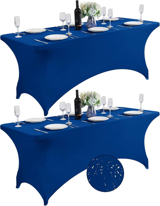 SuperO 2Pack Waterproof Spandex Table Cover for 6FT Table Universal Fitted Stretch Tablecloth for Party, Banquet, Wedding and Events-Classic Blue