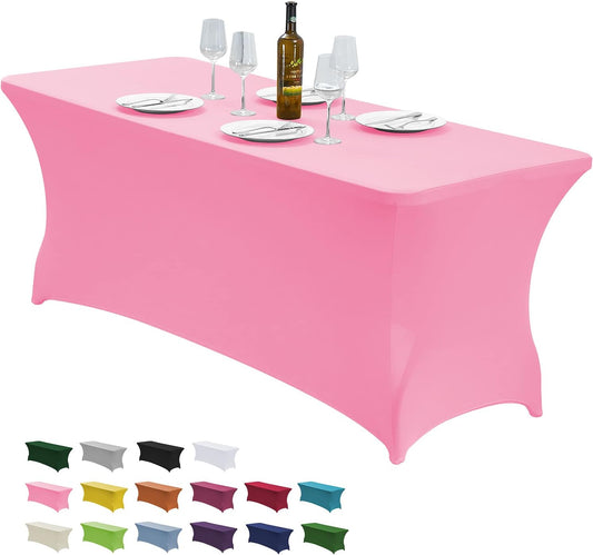 CWK 6FT Waterproof Stretch Spandex Table Cover for Rectangular Tables - Elastic Fitted Tablecloth for Folding Tables,Wrinkle Resistant Table Cloth for Parties, Weddings, Banquets & Events (Pink)