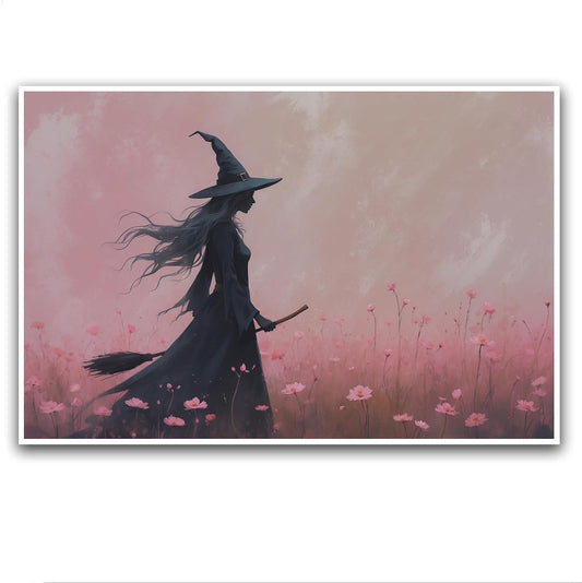 JFHCQJPK Witch in the pink sea of flowers Halloween prints weird flowers wall art silhouette painting fashionable romantic decoration suitable for bedroom32x48in Frameless