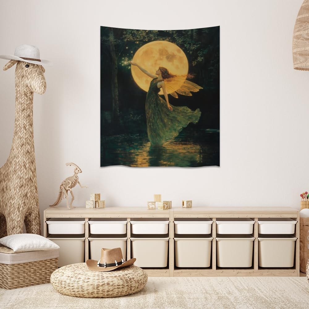 Whimsical Fairy Tapestry Fantasy Moonlight Fae Goddess Print Moody Gothic Aesthetic Wall Hanging Magical Forest Pictures Dark Cottage Witchy Tapestries for Girls Room Bedroom 60x80inch
