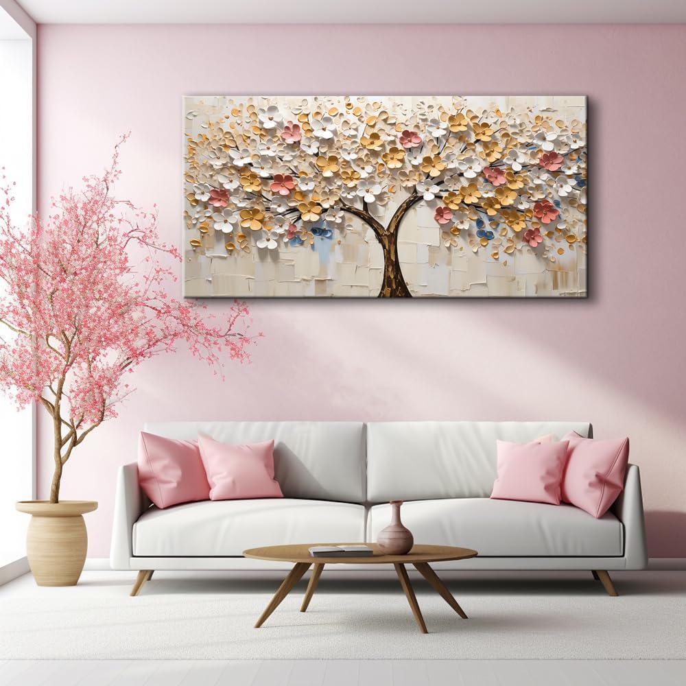 LASMOND White Spring Tree of Life Wall Art Office Decor Living Room Modern Painting Prints Pictures Abstract Floral Flower Nature Canvas Large Landscape Artwork (16x30 Inches)