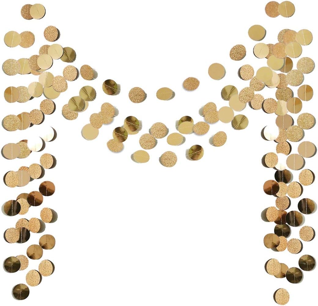 6 Pcs Glitter Champagne Gold Paper Circle Dots Garland (52 Feet) Party Hanging Bunting Birthday Party Decorations Engagement Party Bridal Shower Wedding Baby Shower Christmas Supplies Photo Backdrop