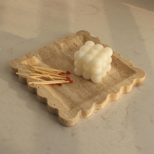 Natural Luxury Marble Tray with Scalloped Edge, Handmade Square Decorative Tray, Catch All Tray for Counter, Dresser, Nightstand and Home Décor (Beige Travertine)