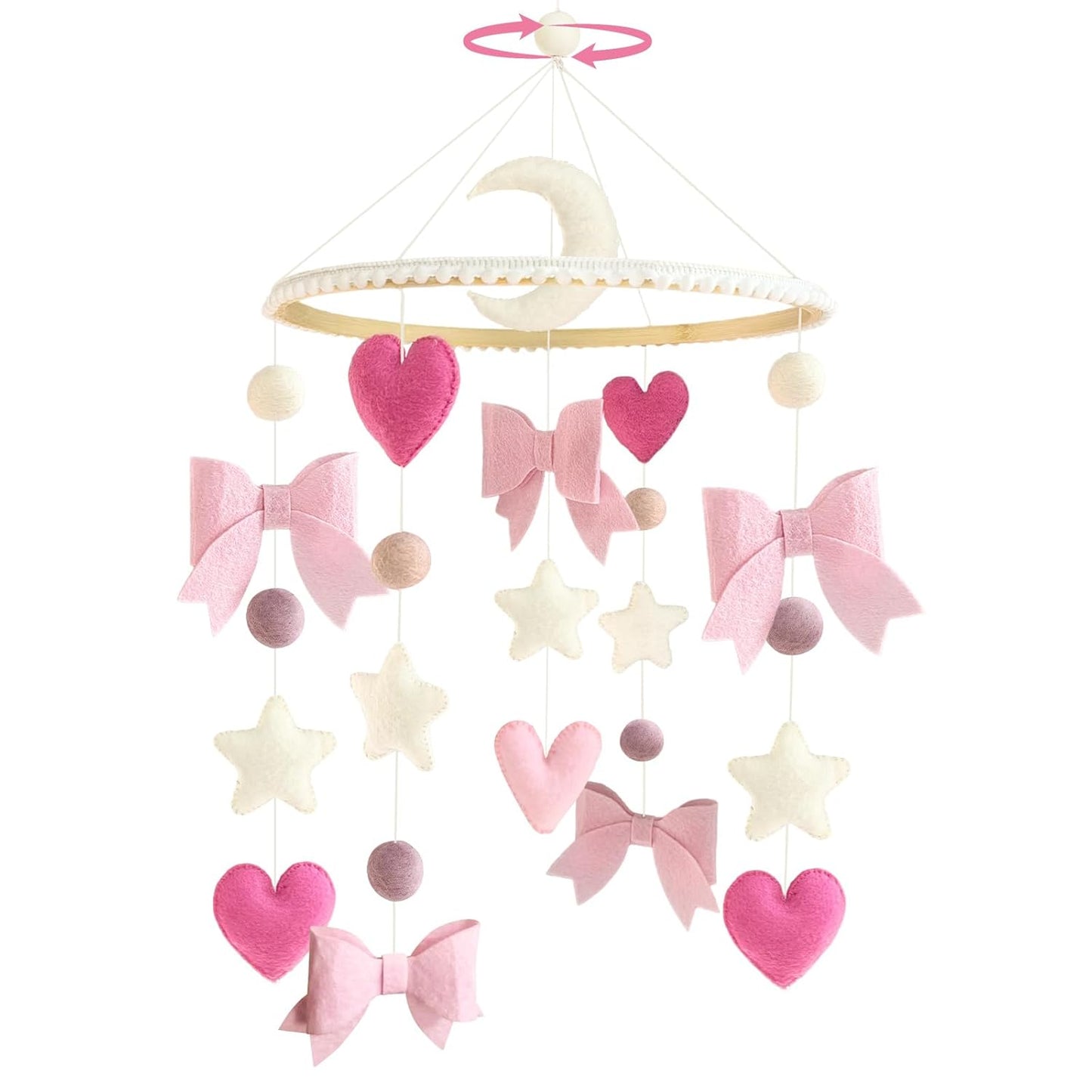 Baby Mobile for Crib Pink Bow Baby Crib Mobile for Girls Handmade Coquette Bow Nursery Decor for Infant Bedroom Hanging Pink Girls Room Decor for Bassinet Gender Reveal Newborn Gifts