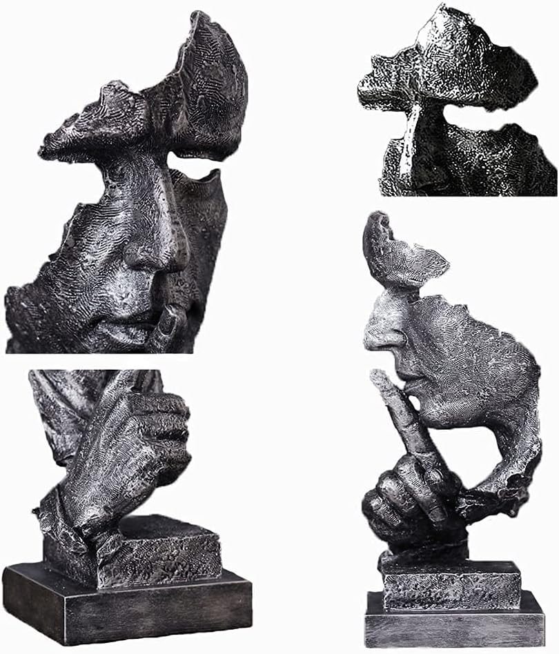 Silence is a Golden Statue Modern Mens Creative Office Home Room Decorations Sculpture Friends Bookshelf Decorative 4.7 x 4.3 x 13.18in(Silver) Modern Home Décor