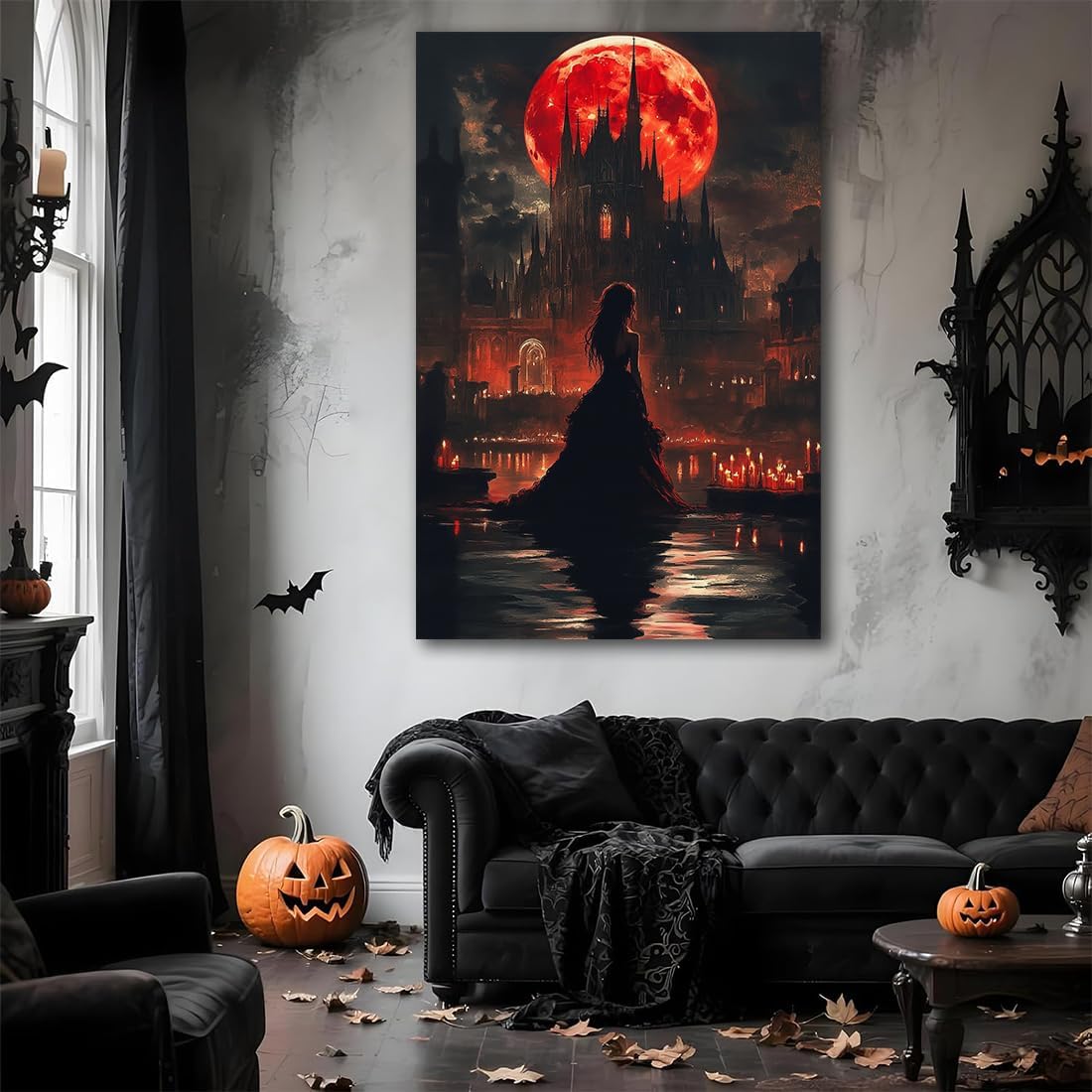 Halloween Witch Poster Canvas Prints Art Vintage Decor,Red Castle Blood Moon and Witch Scene Gothic Painting,Rustic Dark Academia Wall Art for Bathroom Spooky Living Room Wall Decor,16"x24" Unframed