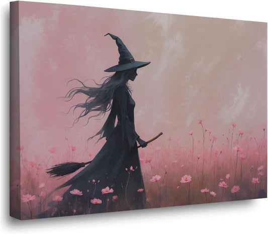 Witch in the pink sea of flowers Halloween prints weird flowers wall art silhouette painting fashionable romantic decoration suitable for bedroom20x30in Wood Framed