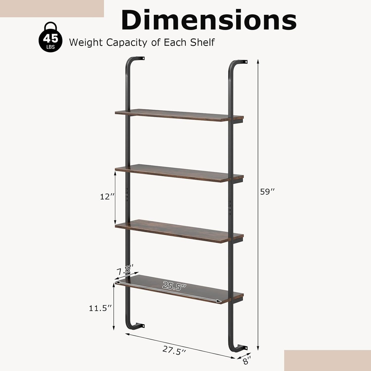 Giantex 4-Tier Industrial Bookshelf Set of 2, Wall Mounted Pipe Shelving Unit, Floating Shelves with Metal Frame, Hanging Wall Display Shelf, Wood Ladder Bookshelf for Living Room,Kitchen,Rustic Brown