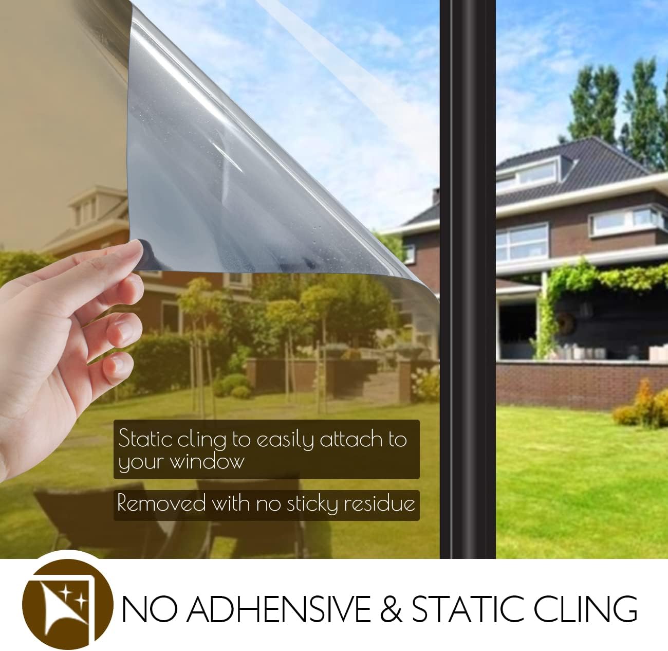 HIDBEA Window Privacy Film Daytime, Heat Control Sun Blocking Anti UV Non-Adhesive Self Static Cling One Way Mirror Window Tint for Home (Brown-Silver, 35.4 Inch x 8.2 Feet)