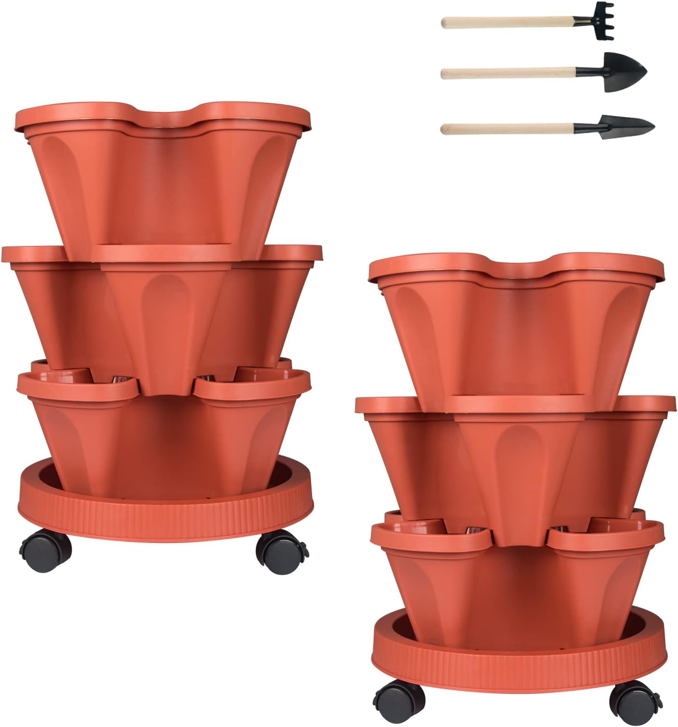 Vertical Planter 3 Tier Stackable Planters Garden Planters Strawberry Herb Flower and Vegetable Planter Indoor Outdoor Gardening Pots with Removable Wheels and Tools 2-Pack
