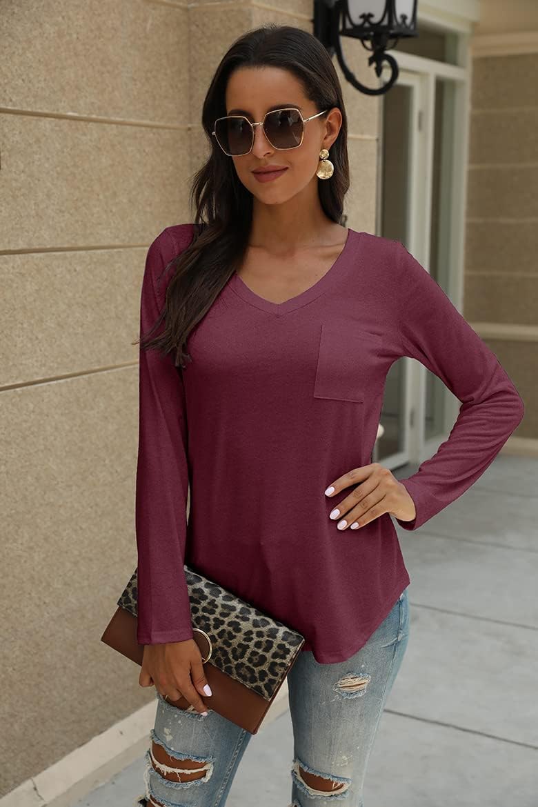 Tobrief Women's Long Sleeve V-Neck Shirts Fall Graphic Tees Loose Casual T-Shirt