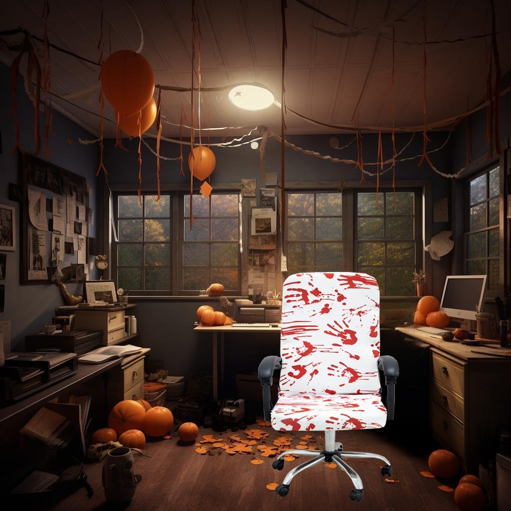 Halloween Office Chair CoversHorror Bloody Handprints Footprints on White Horror Theme Print Stretchable Slipcover for Modern Simplism Style High Back Boss Chair(No Chair) (Halloween03, L)…