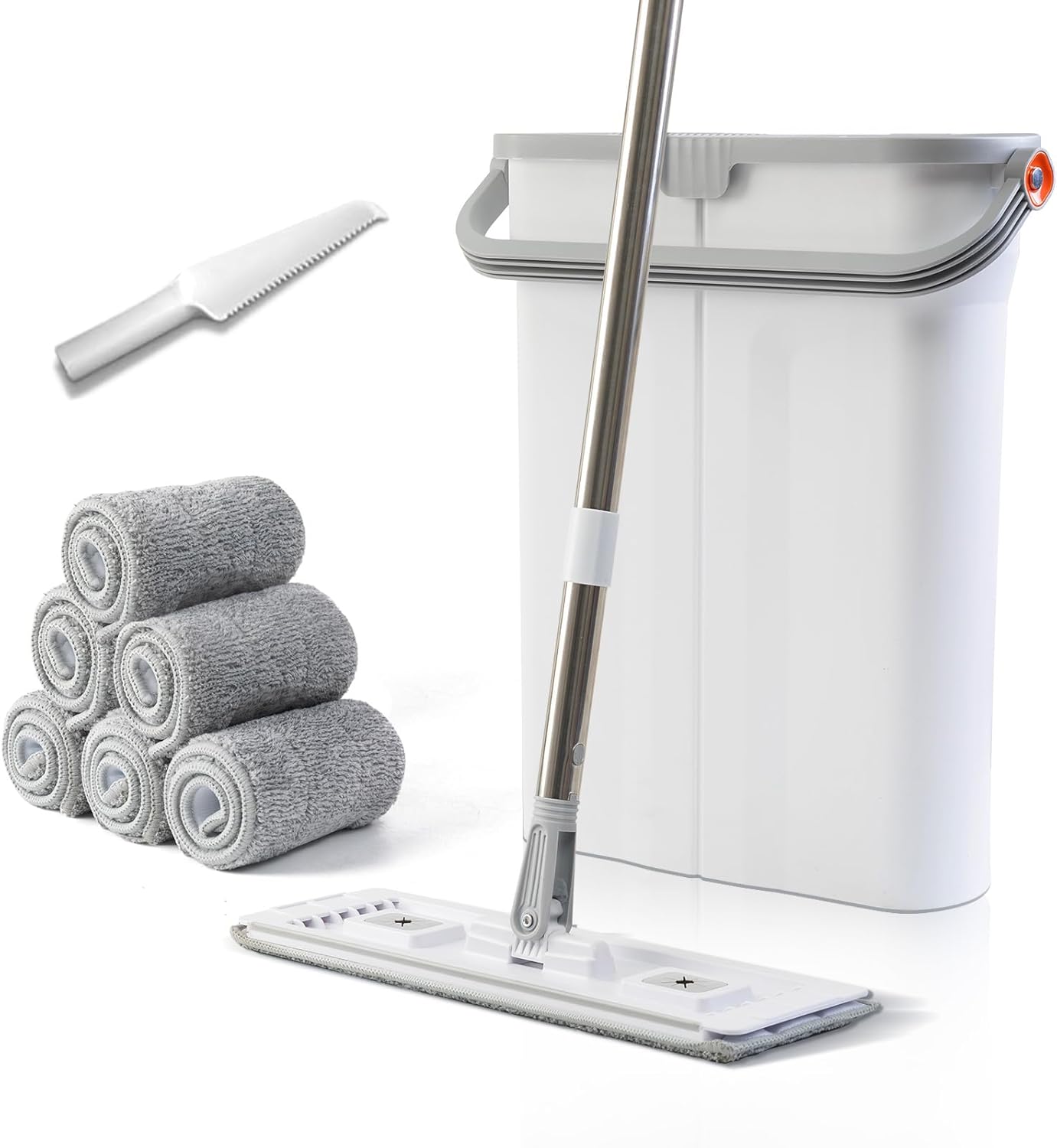 Mop and Bucket Set with Wringer Flat Mop Bucket System for Home Floor Cleaning,6 Reusable Microfiber Pads,Extended Stainless Steel Handle,Ideal for Hardwood,Wood,Laminate Floors,and Bathroom Mop