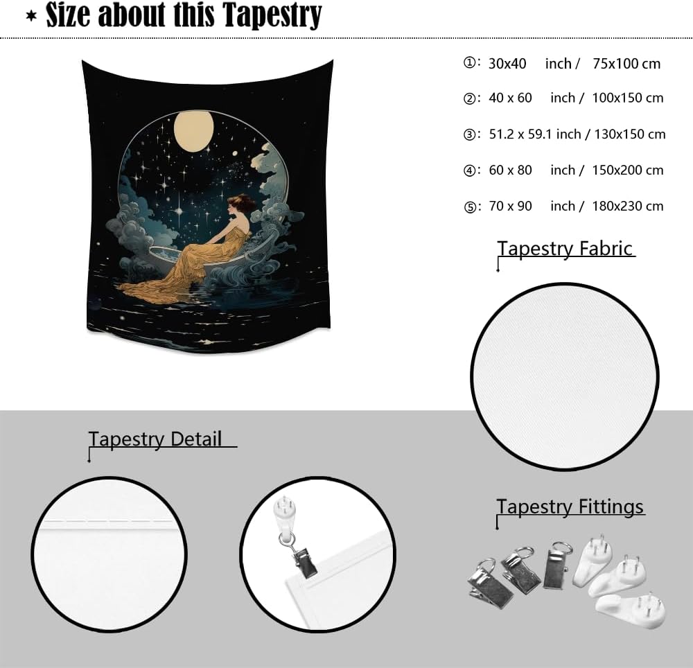 Dark Academia Tapestry Celestial Moonlit Bathing Lady Print Trendy Aesthetic Gothic Wall Hanging Vintage Art Nouveau Tapestries Wall Decor for Bedroom Living Room Dorm 70x90inch