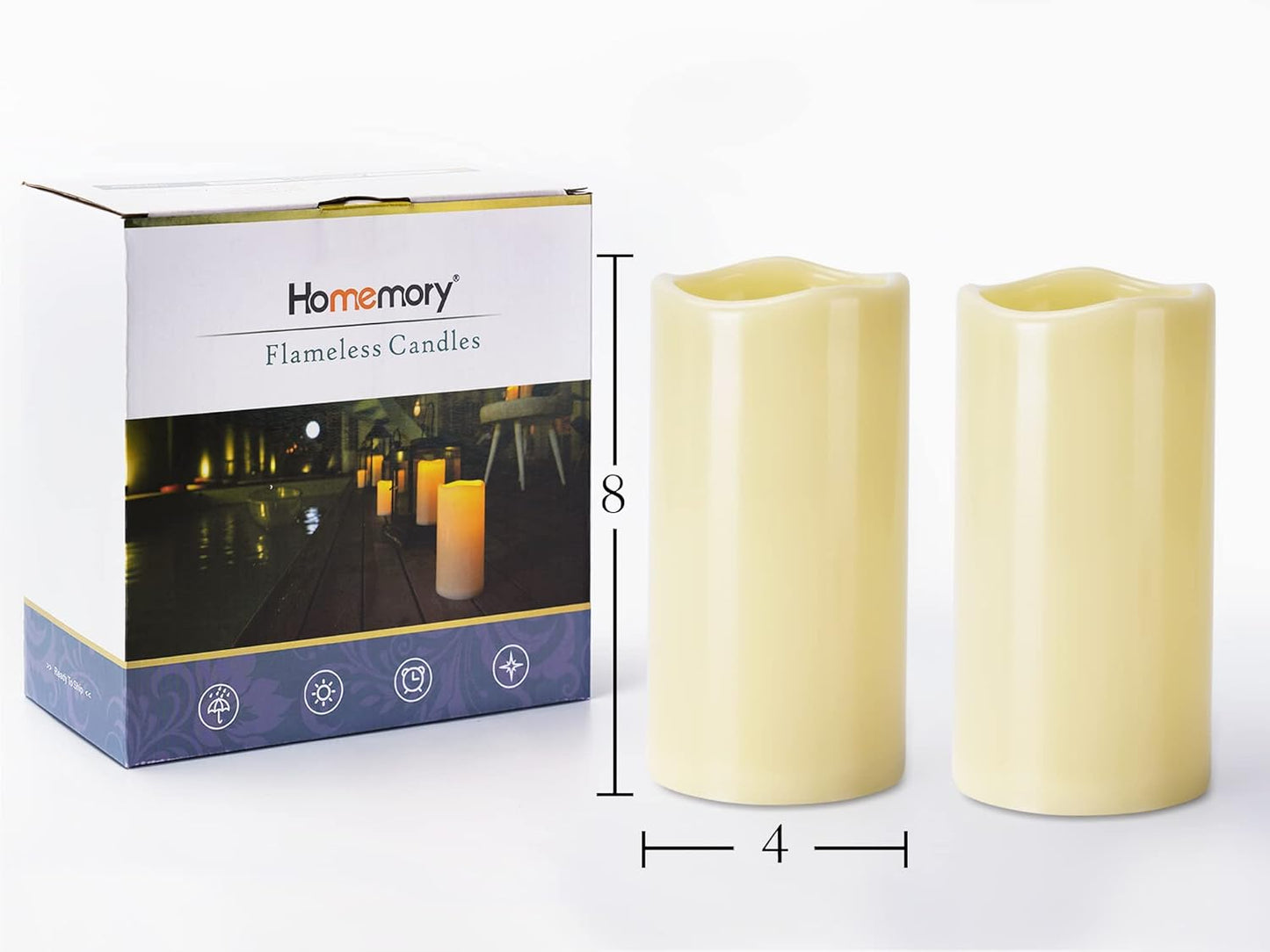 Homemory 4" x 8" Waterproof Outdoor Flameless Candles, Battery Operated Flickering LED Pillar Candles with Remote and Timers for Indoor Outdoor Lanterns, Long Lasting, Large, Dark Ivory, Set of 2