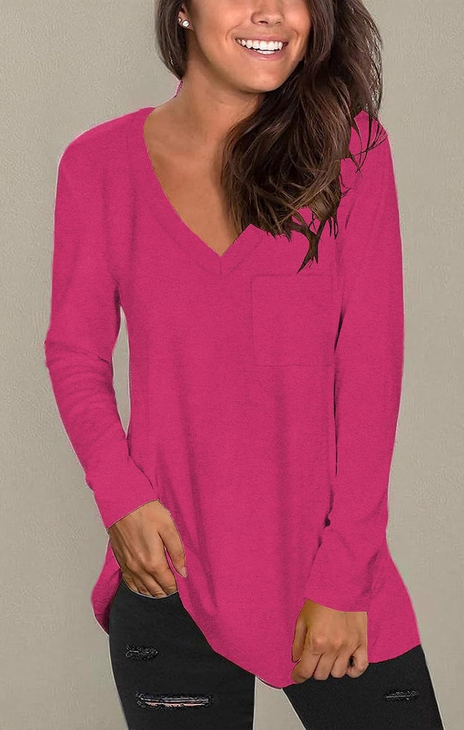 Tobrief Women's Long Sleeve V-Neck Shirts Fall Graphic Tees Loose Casual T-Shirt