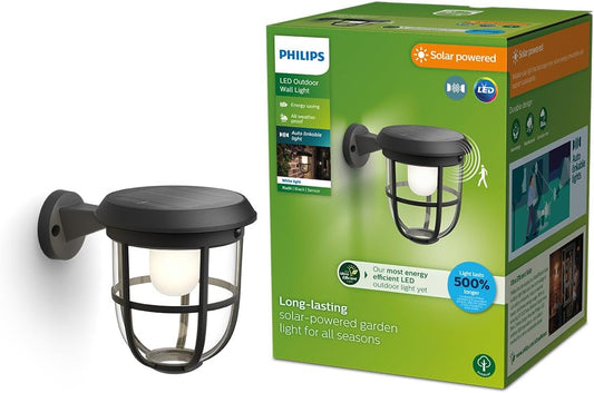 Philips Solar LED 1-Pack Ultra-Efficient Wall Lantern - Radii, Dusk to Dawn, Automatically Linkable, Daylight and Motion Sensor, 3000K Bright White Light, IP44, Black