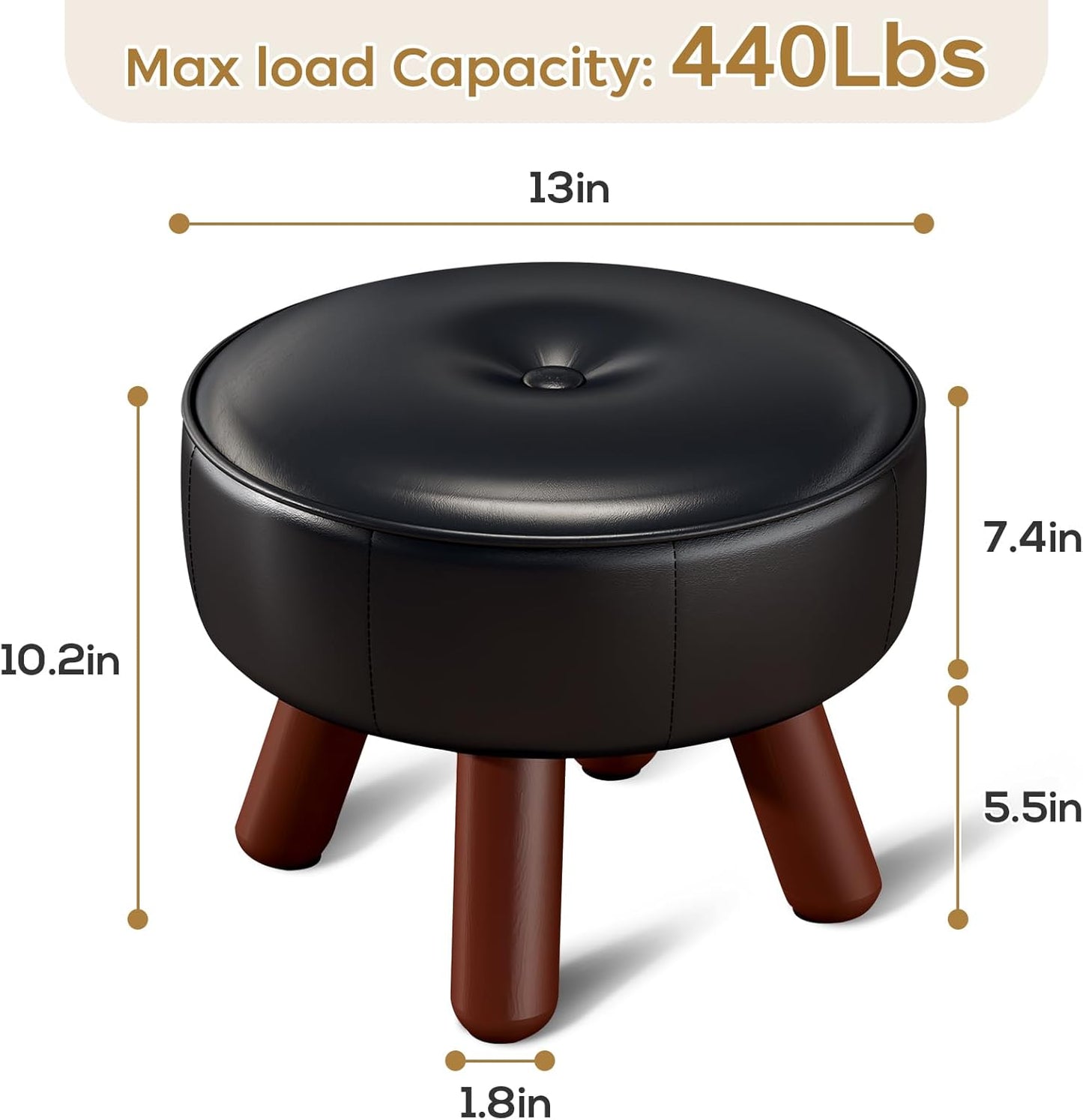 13in Small Foot Stool Ottoman, Round Faux Leather Foot Rest, Footstool Ottomans with Rubber Legs Under Desk, Footrest for Couch, Living Room, Bedroom, Office, 13''L x 13''W x 10.2''H, Black