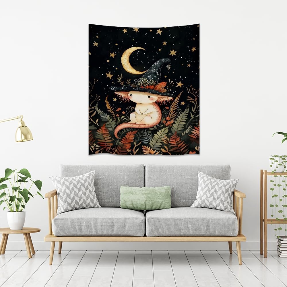 Whimsical Witch Tapestry Wall Hanging Decor Cute Axolotl Tapestry Magical Moon Animal Nursery Decoration Halloween Tapestries wall art for Home Kids Bedroom Living Room 60x80inch