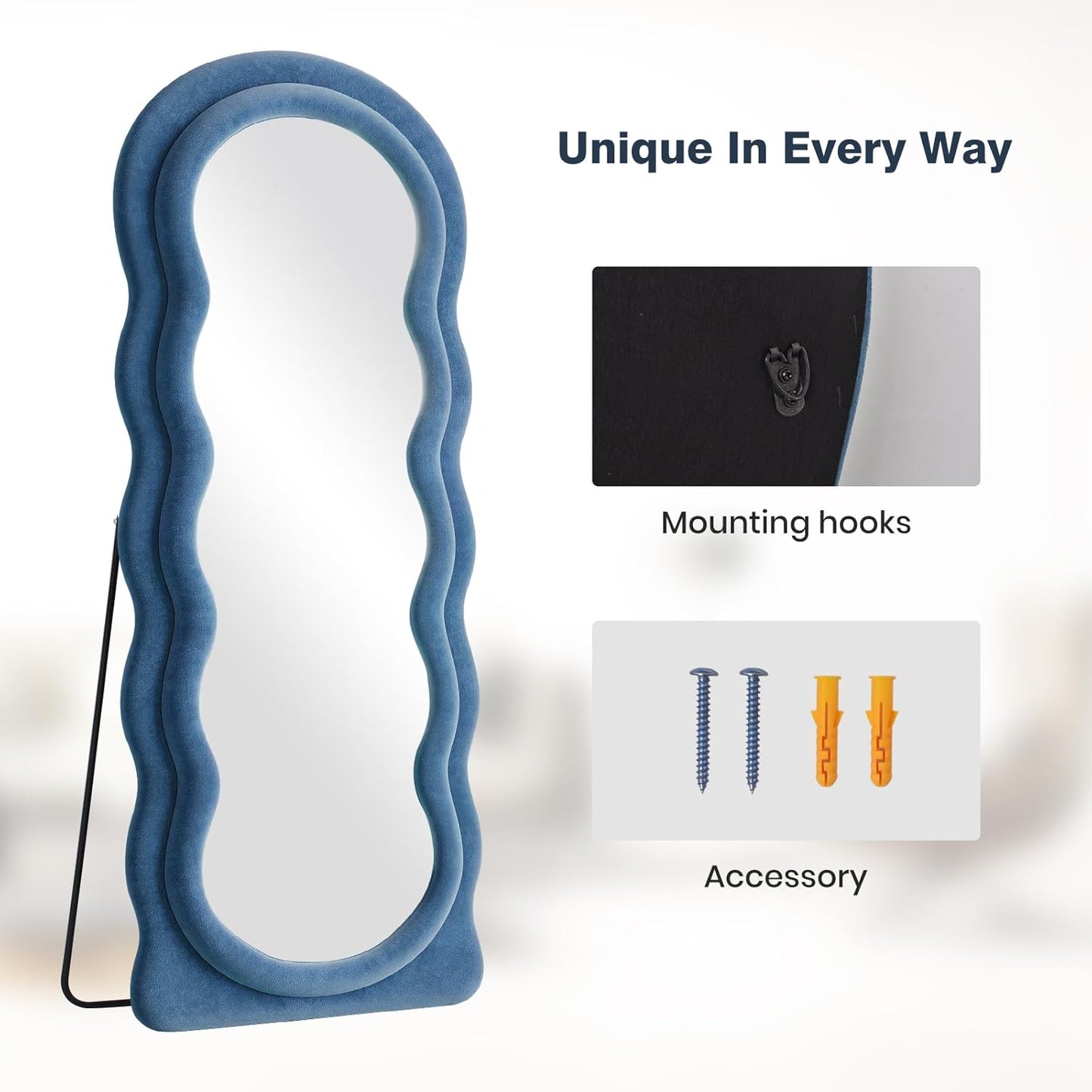 Full Length Mirror 63"x24" Arched Wavy Full Body Wall Mounted Floor Mirror with Stand Blue Flannel Frame Leaning Hanging Wall Mirror for Bedroom Entrance