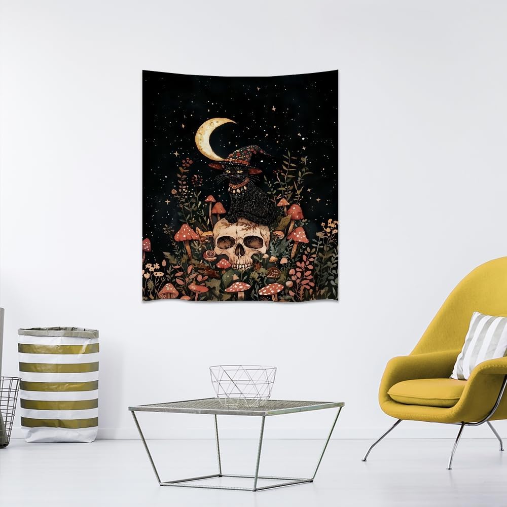 Halloween Witch Cat Tapestry Gothic Skull and Mushroom Artwork Print Spooky Halloween Witchy Wall Hanging Decor Black Cat Crescent Moon art Tapestries for Living Room Bedroom Decoration 40x60inch