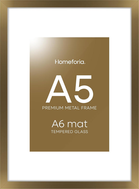 Homeforia A5 Picture Frame Bronze, High End Metal 5.8 x 8.3 Frame Matted to 4.1 x 5.8 Photo, A5 Frame with Mat A6 Art, 5.8x8.3 Poster Frames, 8.3x5.8 Display Frames, Tempered Glass, Wall Kit, Set of 1