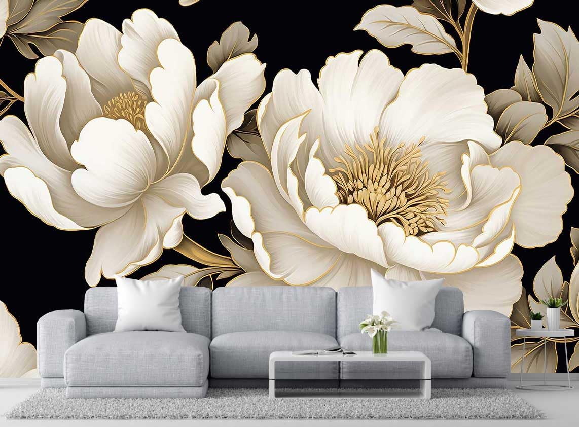 Vintage Peony Buds and Leaves Floral Seamless Pattern Wallpaper for Bedroom, Living Room, Bathroom Wall Backgrounds(Non-self-Adhesive)